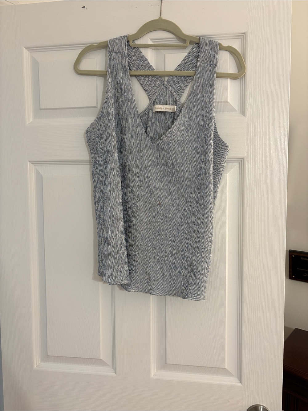 Vince Pale Blue Crinkle V-Neck Tank with Crisscross Back